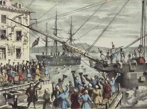 Illustration: The Destruction of Tea at Boston Harbor." Currier & Ives lithograph depicting the 1773 Boston Tea Party. Credit: Nathaniel Currier.