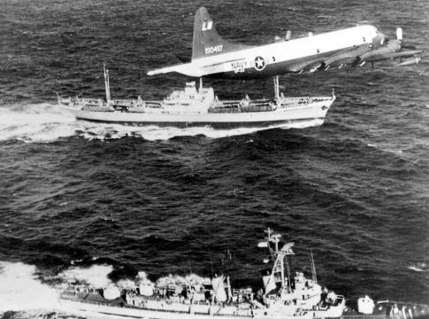 Photo: P-3A VP-44 over USS Barry (DD-933) and Metallurg Anosov during Cuban Missile Crisis, 1962. Credit: U.S. Navy.