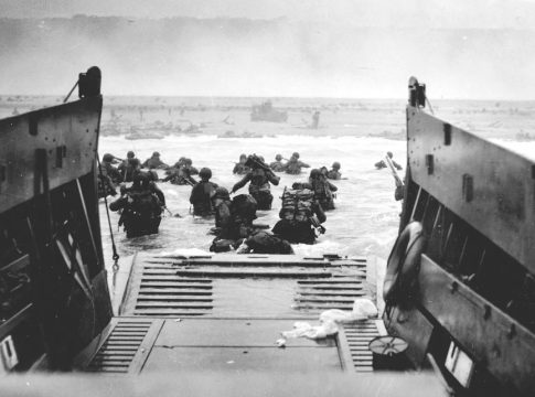 Photo: American Troops in landing craft approach Omaha Beach on D-Day, June 6, 1944, Normandy, France.