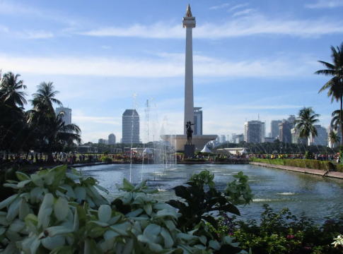 The national monument of Indonesia, known as Monas, was built in 1961 to commemorate the struggle for Indonesian independence. It is a 132-meter (433 ft) obelisk crowned with a flame covered in gold leaf, symbolizing the burning spirit of the Indonesian people's fight for freedom, located at Merdeka Square in Central Jakarta.