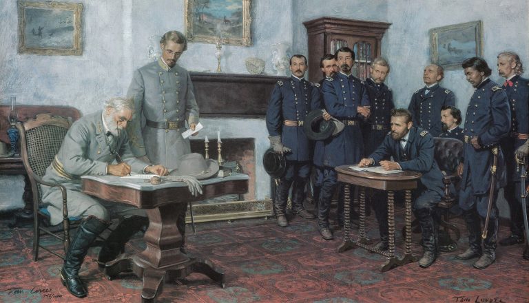 1865: ‘Surrender at Appomattox’ with Generals Lee and Grant