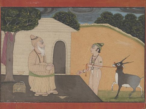 Painting: An encounter between an aged ascetic and his young disciple within an ashram during the monsoon season (Punjab Hills, India). Author unknown. Credit: Wikimedia.