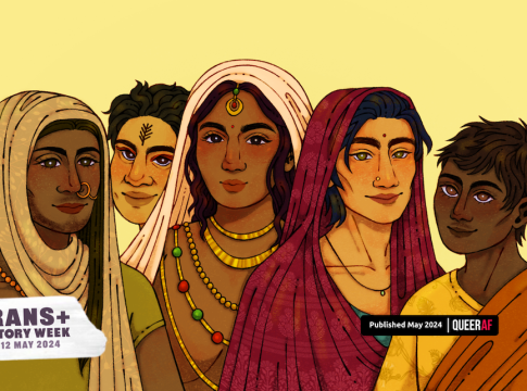 Illustration: "A digital illustration of Mohini, Krishna’s female avatar that gave way to the existence of hijras, standing in the middle of a group of modern day hijras. I was inspired by Alex’s beautifully written article and the documentaries she sent my way to depict Mohini and hijras carrying themselves unapologetically, with the grace, dignity, and divinity they were afforded before westernization and colonization. I hope that our collaboration makes people rethink just how long trans-ness has existed, been celebrated, and had iterations across the globe, even if post-colonial records of history will tell you otherwise." Credit: Trans+ creative Sally Chen.
