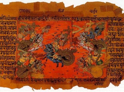 A manuscript illustration (18th c.?) of the Battle of Kurukshetra, fought between the Kauravas and the Pandavas, recorded in the Mahabharata Epic.