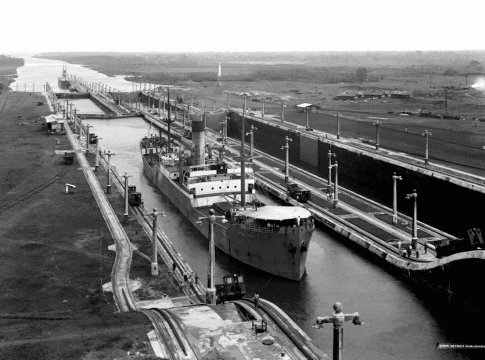 The SS Ancon beginning the first official transit through the Panama Canal on August 15, 1914.