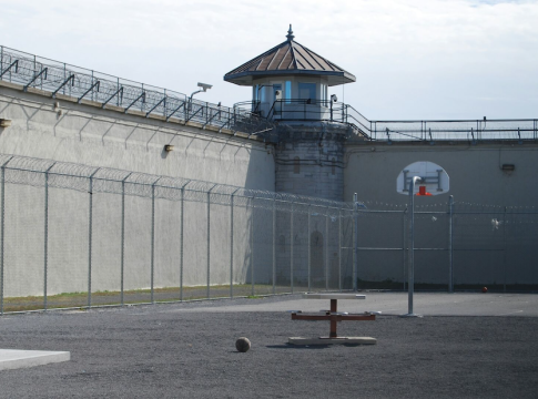 View of the notorious Rikers Island jail complex in New York City, one of the largest and most infamous correctional facilities in the United States.