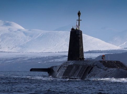 HMNB Clyde in Faslane, Scotland—home to the U.K.’s Trident missile system. Here, a Vanguard Class Submarine completes its patrol.