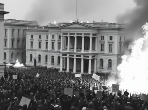 AI-generated image of the Bogotazo riots (1948), showcasing crowds burning buildings near the Presidential Palace, circa 1950. Credit: pollinations.ai.