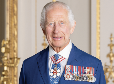 Official Canadian portrait of His Majesty King Charles III was taken in June 2024 in the White Drawing Room of Buckingham Palace. On a ribbon around his neck, His Majesty The King is wearing the insignia of the Order of Canada, which he received as Prince of Wales from then-Governor General David Johnston in 2017. On the left breast of his jacket, The King is also wearing a bar of medals from Canada, New Zealand and the United Kingdom. Photo credit: Government of Canada / Millie Pilkington.