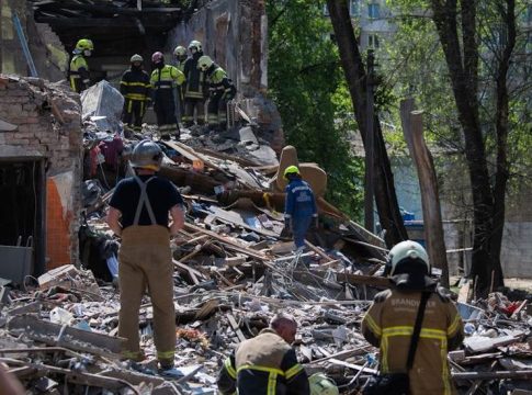 Rescue workers dig through the rubble of a bombed building in Kyiv, Ukraine. Photo credit: © Human Rights Monitoring Mission in Ukraine/Anastasiia Honcharuk.