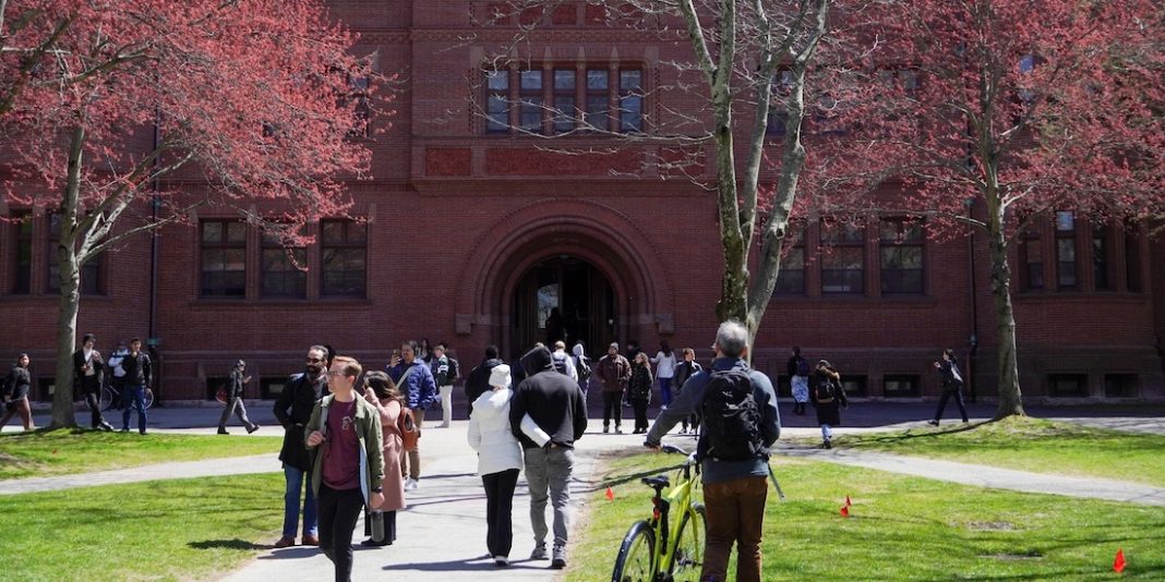Students walk towards Sever Hall in Harvard Yard