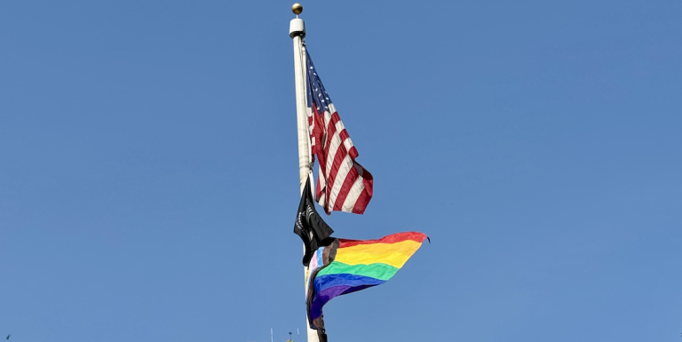 The rainbow flag flying proudly with the American flag on Roosevelt Island in New York City, June 2025. Photo credit: The Stewardship Report.