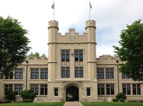 Kauke Hall at The College of Wooster in Ohio, completed in 1903. It replaced "Old Main," the college's original main academic building, which was destroyed by fire in 1901. 