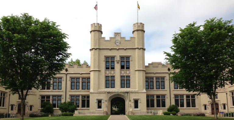 Kauke Hall at The College of Wooster in Ohio, completed in 1903. It replaced "Old Main," the college's original main academic building, which was destroyed by fire in 1901. 