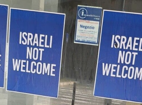 Window posters in Milan the Jewish community there labeled "Antisemitic." Sometimes anti-Genocide protests are responsible, but often simple anger at young Israeli backpackers acting badly. Photo: via X.