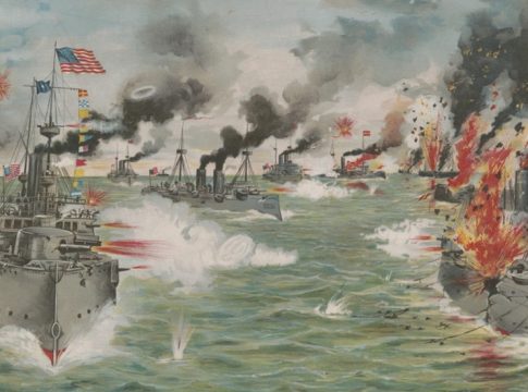 Painting depicting the Battle of Manila Bay by Dr. Alfonso Sanz, Spanish naval medical officer and member of the Spanish Royal Academy of Art (1899). Image credit: Army and Navy Club, Washington, D.C.
