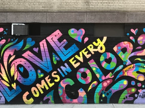 Jason Naylor's fabulous "Love Comes in Every Color" mural on the wall of Stonehenge building, 60th and Second Avenue, Upper East Side, New York City. Photo credit: Stonehenge.