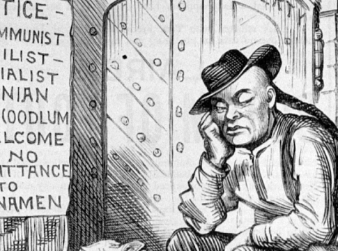 This 1882 political cartoon shows a Chinese man surrounded by luggage labeled “Industry,” “Order,” “Sobriety,” and “Peace.” He is being excluded from entry to the “Golden Gate of Liberty.”
Credit: “The only one barred out.” Frank Leslie's illustrated newspaper, vol. 54 (1882 April 1), p. 96., Public domain, via Wikimedia Commons. Library of Congress.