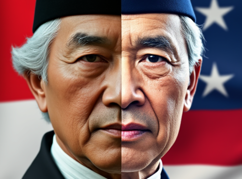 AI-generated split portrait: half Sukarno in his iconic peci hat, half George Washington in colonial attire, with a background blending the Indonesian and U.S. flags. Image credit: wix.com.
