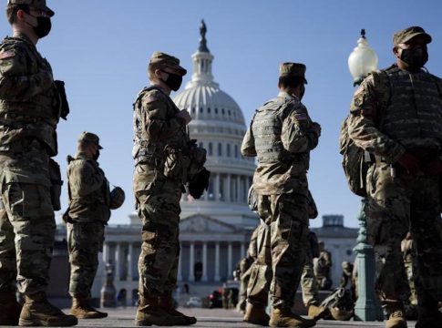 National Guard soldiers are seen on Capitol Hill in Washington, D.C., the United States, on Jan. 14, 2021. (Photo by Ting Shen/Xinhua)