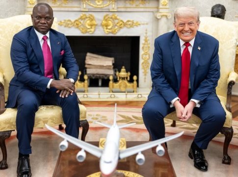 President Donald Trump meets with President and dictator Brice Clotaire Oligui Nguema of Gabon who came to power through a military coup. Oval Office, July 2025. Photo credit: The White House.