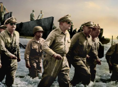 Colorized photo of the immortal photo of  Gen. Douglas MacArthur’s return to the Philippines at Leyte on 20 October 1944 (from an original photo by U.S. Army Signal Corps officer Gaetano Faillace).
