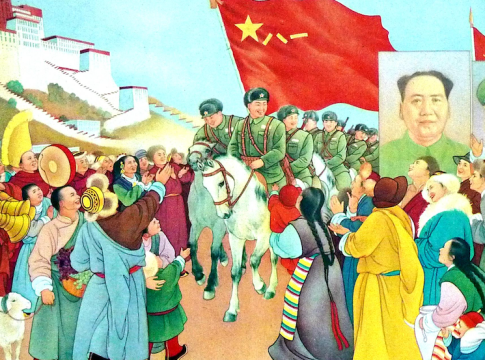 Chinese propaganda poster (1951) showing Tibetans happily welcoming Chinese troops into Lhasa, after the annexation of Tibet.