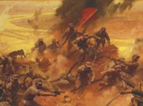 "Conque Niangzi Pass." Oil painting by Chen Jian featuring the Eighth Route Army victory in the spring of 1940. Image credit: Chinese People's War of Resistance Against Japanese Aggression Memorial Collection.