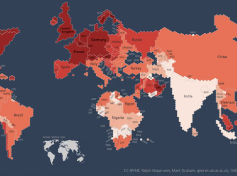 A map showing the world’s population adjusted for the number of internet users.