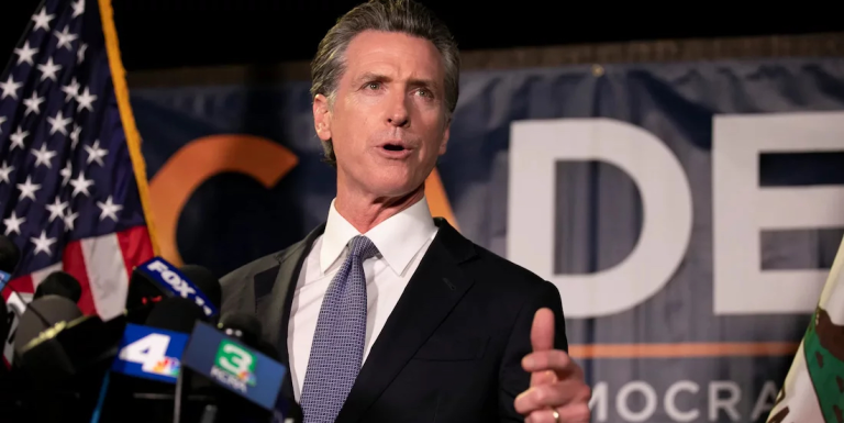 Gov. Gavin Newsom gives a speech following his projected victory in the recall election at the California Democratic Party headquarters in Sacramento on Sept. 14, 2021. Photo credit: Anne Wernikoff / CalMatters.