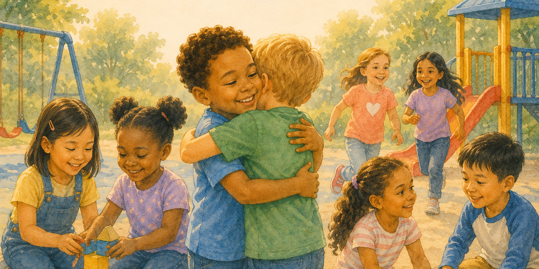 Our protagonist Jayden states in this children's volume, "But I learned something important—you cannot get HIV from hugging or playing." Illustration by Maria Peña, courtesy of Luce Publications, New York.